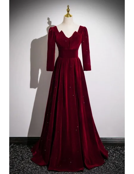 Elegant Long Sleeved Burgundy Velvet Prom Dress With Bling