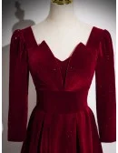 Elegant Long Sleeved Burgundy Velvet Prom Dress With Bling