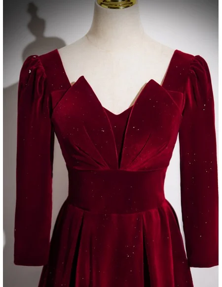 Elegant Long Sleeved Burgundy Velvet Prom Dress With Bling