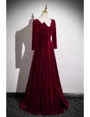 Elegant Long Sleeved Burgundy Velvet Prom Dress With Bling