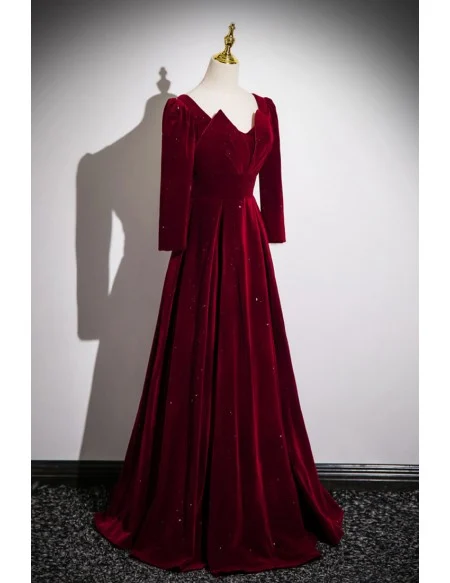 Elegant Long Sleeved Burgundy Velvet Prom Dress With Bling