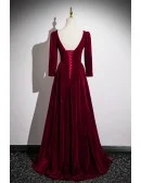 Elegant Long Sleeved Burgundy Velvet Prom Dress With Bling