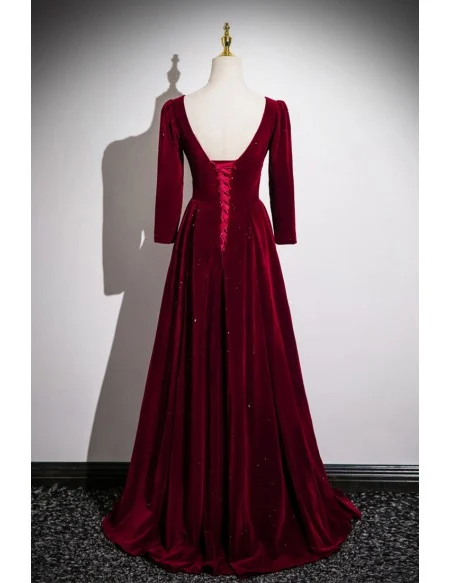 Elegant Long Sleeved Burgundy Velvet Prom Dress With Bling