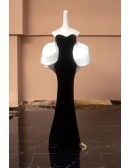 Sweetheart Black Mermaid Velvet Evening Prom Dress With White Cape Sleeves