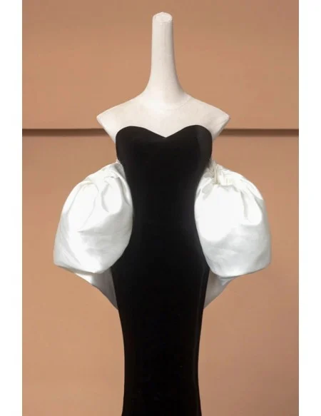 Sweetheart Black Mermaid Velvet Evening Prom Dress With White Cape Sleeves