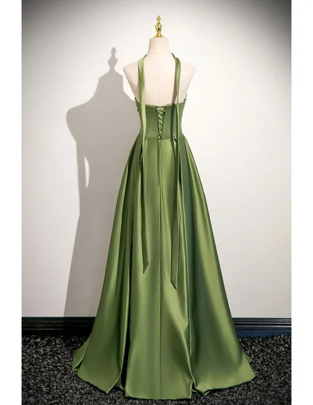 Lime Green Elegant Satin Aline Long Prom Dress With Pleats