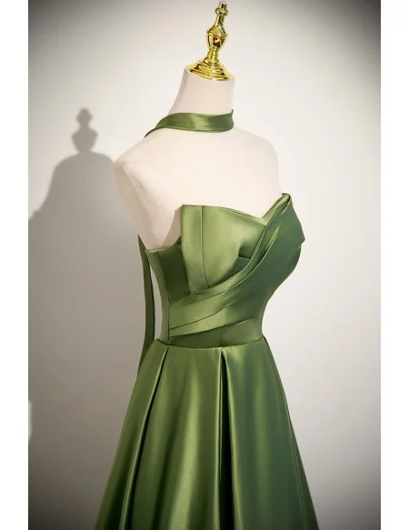 Lime Green Elegant Satin Aline Long Prom Dress With Pleats