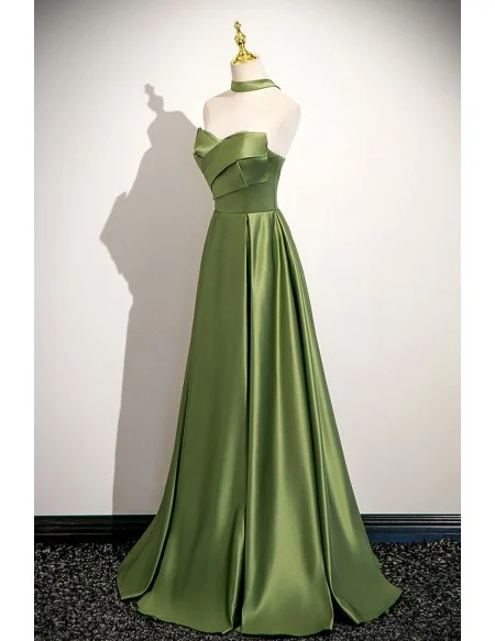 Lime Green Elegant Satin Aline Long Prom Dress With Pleats