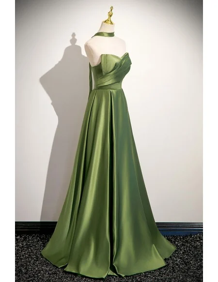 Lime Green Elegant Satin Aline Long Prom Dress With Pleats