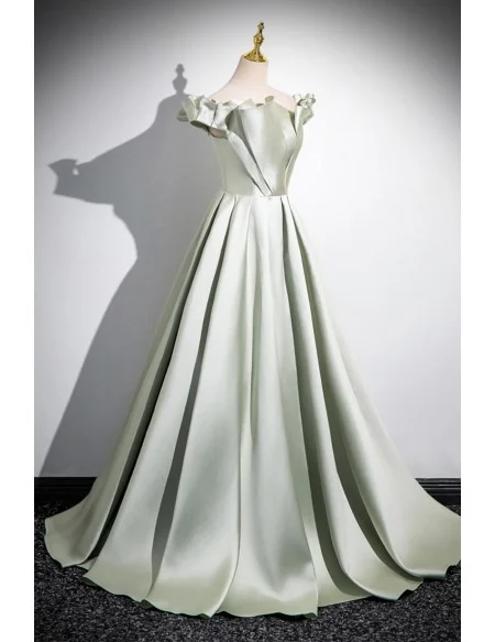Elegant Green Ruffled Long Prom Dress With Off Shoulder