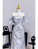 Beaded Neckline Silver Sparkly Prom Dress With Off Shoulder