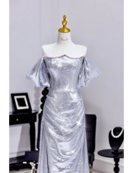 Beaded Neckline Silver Sparkly Prom Dress With Off Shoulder