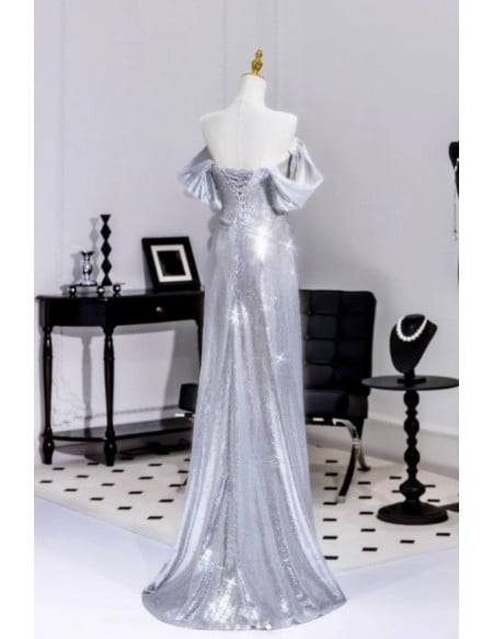 Beaded Neckline Silver Sparkly Prom Dress With Off Shoulder