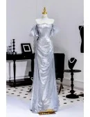 Beaded Neckline Silver Sparkly Prom Dress With Off Shoulder