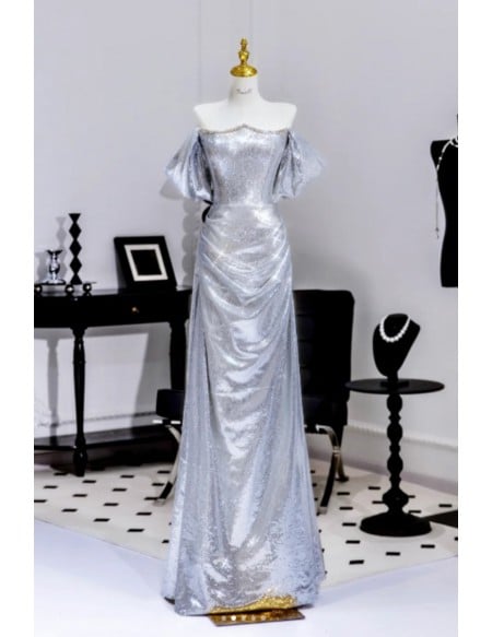 Beaded Neckline Silver Sparkly Prom Dress With Off Shoulder