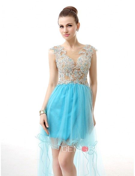 A-Line Scoop Neck Short Tulle Dress With Beading Appliquer Lace