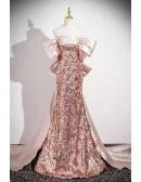 Off Shoulder Pink Sparkly Sequined Mermaid Prom Dress With Big Bow Train