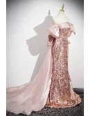 Off Shoulder Pink Sparkly Sequined Mermaid Prom Dress With Big Bow Train