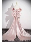 Off Shoulder Pink Sparkly Sequined Mermaid Prom Dress With Big Bow Train