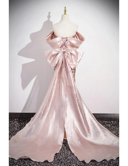 Off Shoulder Pink Sparkly Sequined Mermaid Prom Dress With Big Bow Train
