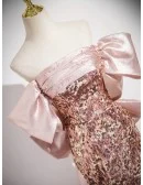 Off Shoulder Pink Sparkly Sequined Mermaid Prom Dress With Big Bow Train