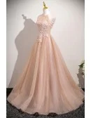 Charming Pink Beaded Long Halter Bling Prom Dress With Beadings
