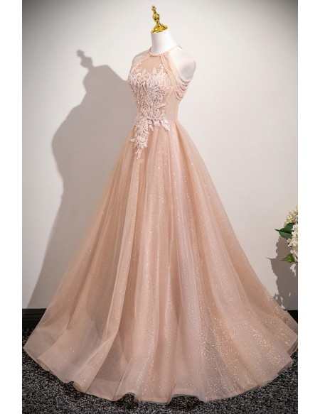 Charming Pink Beaded Long Halter Bling Prom Dress With Beadings