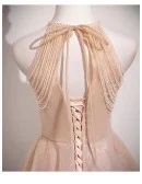 Charming Pink Beaded Long Halter Bling Prom Dress With Beadings