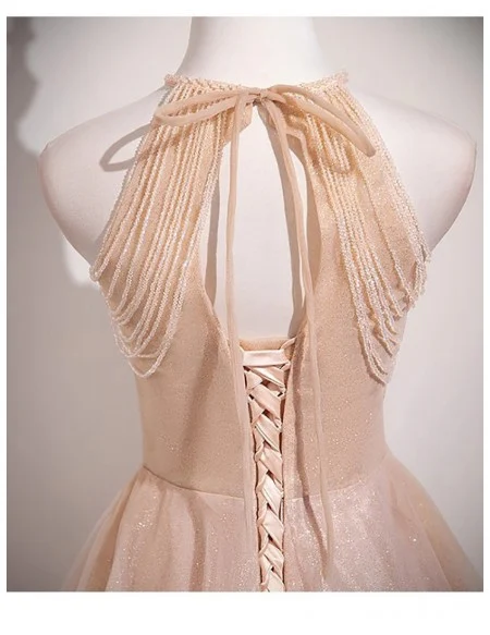 Charming Pink Beaded Long Halter Bling Prom Dress With Beadings