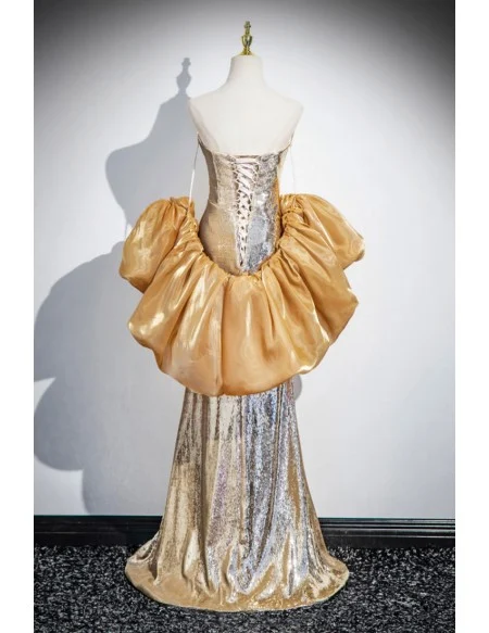 Sparkly Gold Sequined Long Prom Dress With Cape