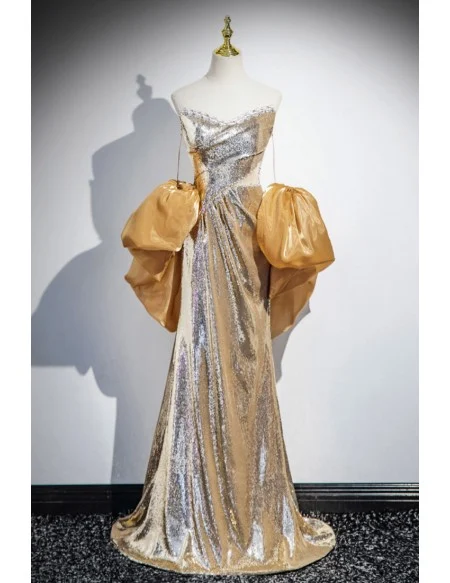 Sparkly Gold Sequined Long Prom Dress With Cape