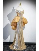 Sparkly Gold Sequined Long Prom Dress With Cape