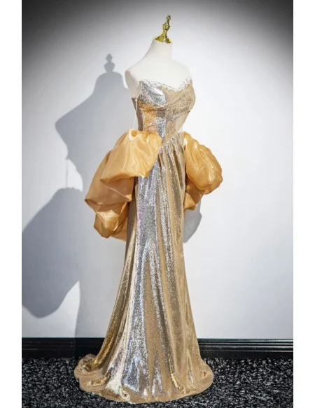 Sparkly Gold Sequined Long Prom Dress With Cape