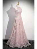 Gorgeous Pink Long Halter Sequined Tulle Prom Dress With Pearls