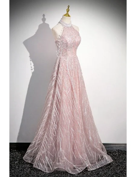 Gorgeous Pink Long Halter Sequined Tulle Prom Dress With Pearls