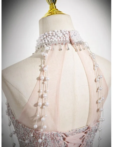 Gorgeous Pink Long Halter Sequined Tulle Prom Dress With Pearls
