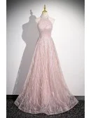 Gorgeous Pink Long Halter Sequined Tulle Prom Dress With Pearls