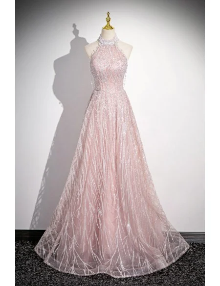 Gorgeous Pink Long Halter Sequined Tulle Prom Dress With Pearls