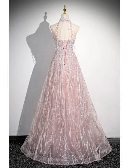 Gorgeous Pink Long Halter Sequined Tulle Prom Dress With Pearls