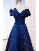 Fantasy Bling Blue Tulle Off Shoulder Prom Dress With Pleats