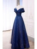 Fantasy Bling Blue Tulle Off Shoulder Prom Dress With Pleats