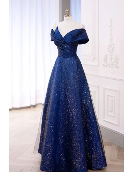 Fantasy Bling Blue Tulle Off Shoulder Prom Dress With Pleats