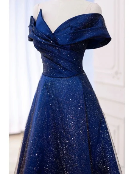 Fantasy Bling Blue Tulle Off Shoulder Prom Dress With Pleats