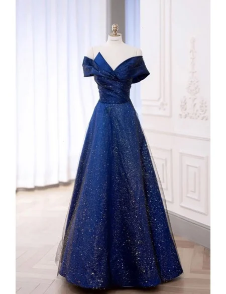 Fantasy Bling Blue Tulle Off Shoulder Prom Dress With Pleats