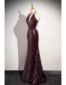 Noble Burgundy Sequined Sparkly Long Halter Mermaid Prom Dress