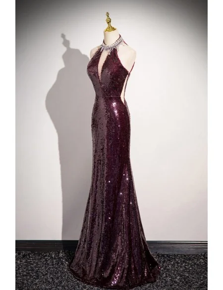 Noble Burgundy Sequined Sparkly Long Halter Mermaid Prom Dress