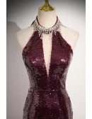 Noble Burgundy Sequined Sparkly Long Halter Mermaid Prom Dress