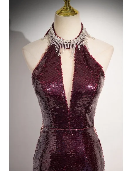 Noble Burgundy Sequined Sparkly Long Halter Mermaid Prom Dress