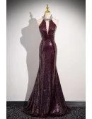 Noble Burgundy Sequined Sparkly Long Halter Mermaid Prom Dress