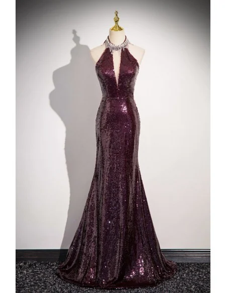 Noble Burgundy Sequined Sparkly Long Halter Mermaid Prom Dress